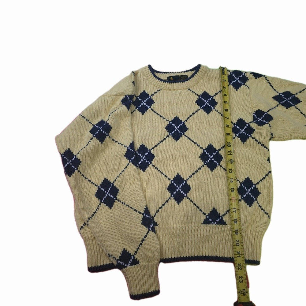 Vintage Lizsport Argyle Sweater Women's Small Yellow Navy Blue 100% Cotton 90s